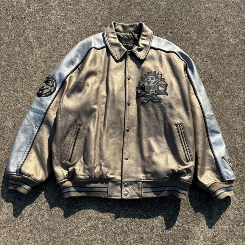 Avirex Leather Varsity Jacket in Tan and Gray